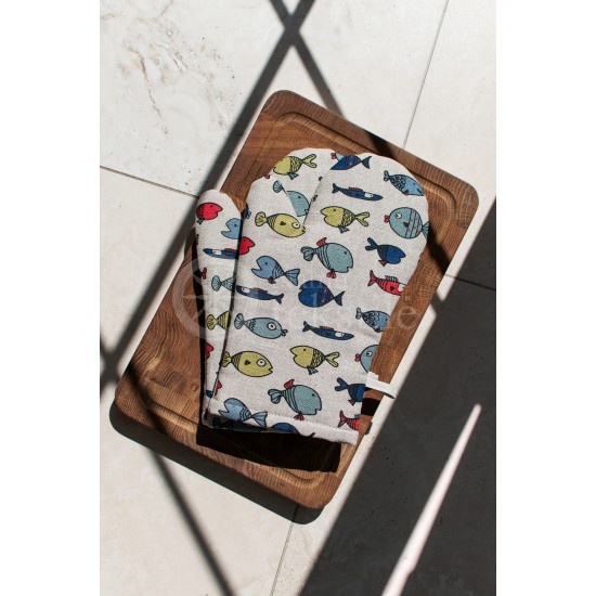 Colourful half-linen oven mitt "Small fish"